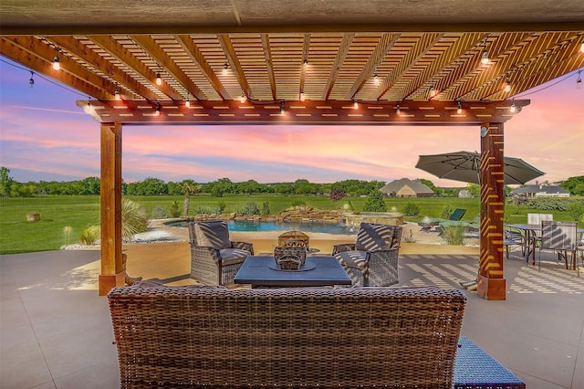 122 King Ranch Ct, Fort Worth, TX 76108 - patio terrace at dusk with a pergola, outdoor dining space, and an outdoor fire pit