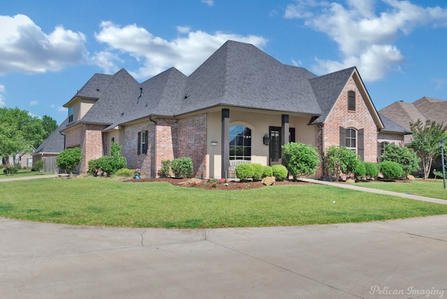 french country home featuring brick siding, roof with shingles, and a front yard