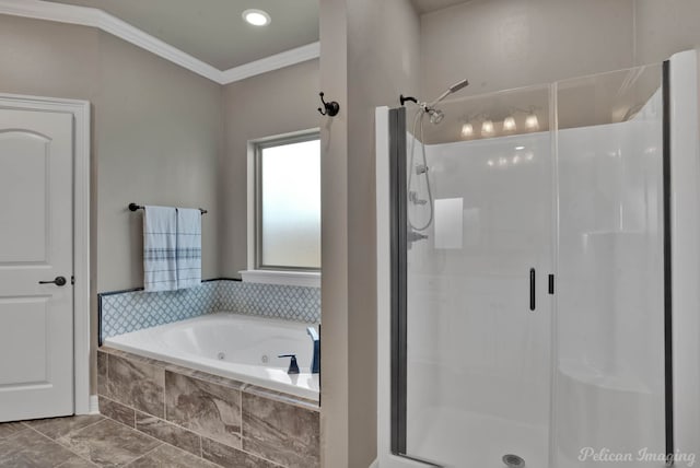 full bath with a shower stall, ornamental molding, and a whirlpool tub