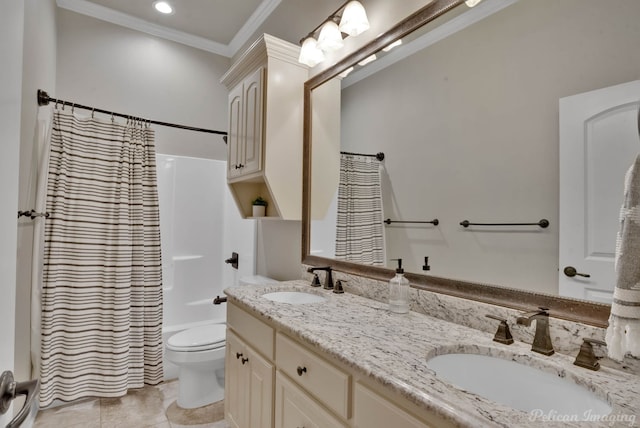 bathroom featuring crown molding, toilet, double vanity, shower / bath combo, and tile patterned flooring