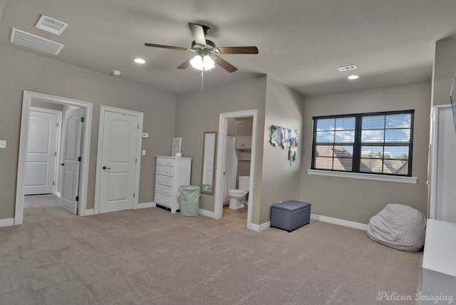 unfurnished bedroom with carpet, baseboards, recessed lighting, and ensuite bath