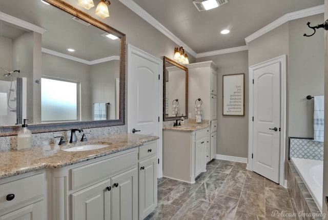 bathroom featuring crown molding, two vanities, a relaxing tiled tub, recessed lighting, and baseboards