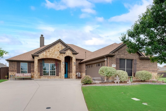view of front of property featuring brick siding, a chimney, a garage, a front lawn, and concrete driveway