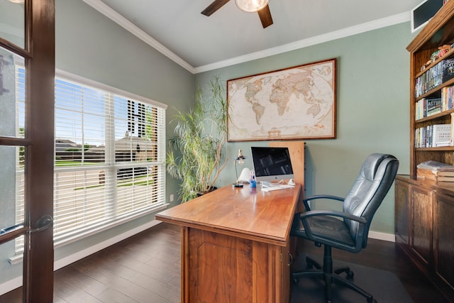 office space with a ceiling fan, ornamental molding, baseboards, and dark wood finished floors