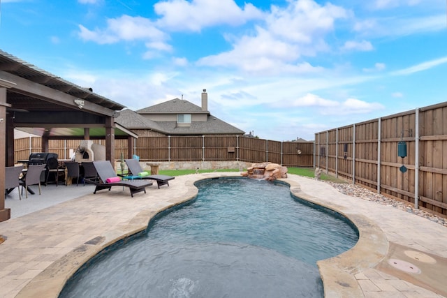 view of swimming pool featuring a fenced backyard and a patio area
