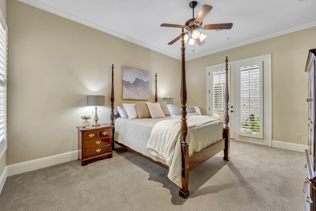 bedroom with access to exterior, light colored carpet, baseboards, crown molding, and ceiling fan