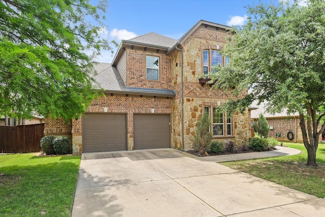 4213 Autumn Path Rd, Denton, TX 76208 - traditional-style house with stone siding, concrete driveway, brick siding, a shingled roof, and an attached garage