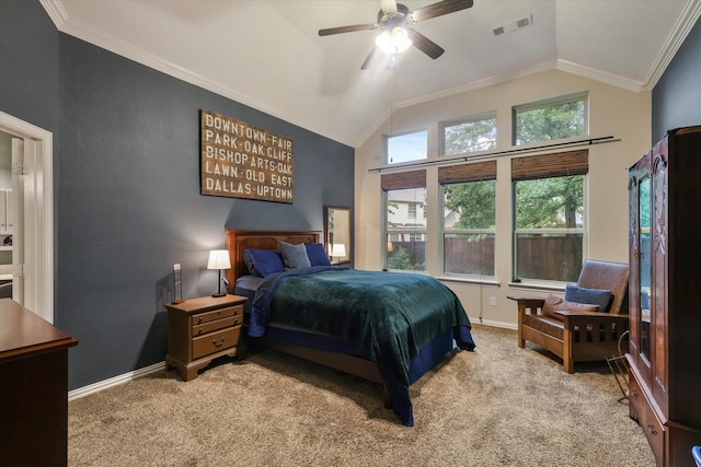4213 Autumn Path Rd, Denton, TX 76208 - carpeted bedroom featuring vaulted ceiling, baseboards, a ceiling fan, and crown molding