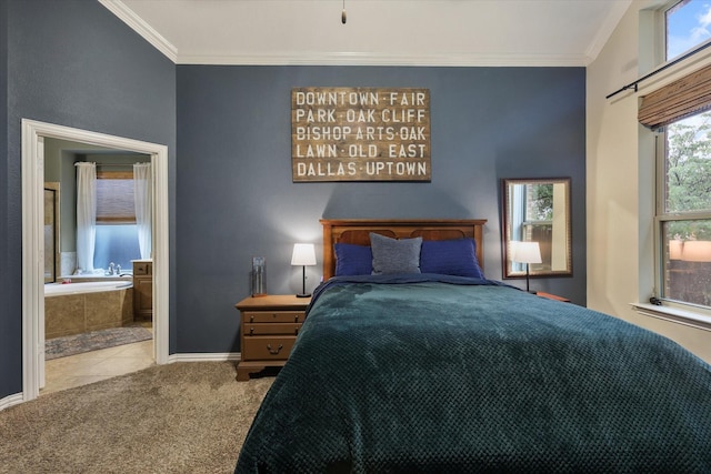 4213 Autumn Path Rd, Denton, TX 76208 - bedroom featuring ornamental molding, carpet, baseboards, ensuite bath, and tile patterned flooring