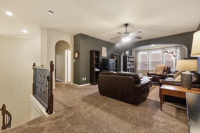 4213 Autumn Path Rd, Denton, TX 76208 - living area featuring arched walkways, carpet, a ceiling fan, baseboards, and recessed lighting