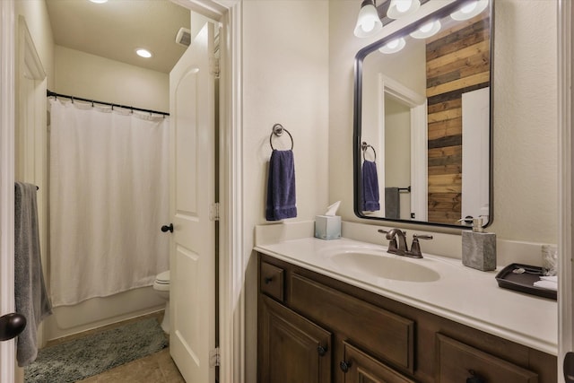 4213 Autumn Path Rd, Denton, TX 76208 - full bathroom featuring vanity, wood walls, shower / bathtub combination with curtain, and toilet