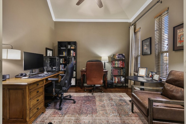 4213 Autumn Path Rd, Denton, TX 76208 - home office with healthy amount of natural light, crown molding, ceiling fan, and wood finished floors