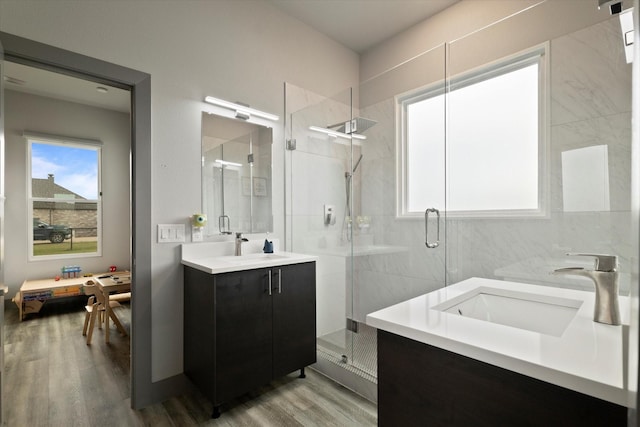 1595 Bledsoe Rd, Gunter, TX 75058 - bathroom with vanity, wood finished floors, and a stall shower
