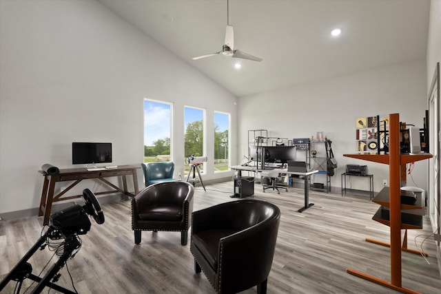 1595 Bledsoe Rd, Gunter, TX 75058 - office space with high vaulted ceiling, ceiling fan, wood finished floors, recessed lighting, and baseboards