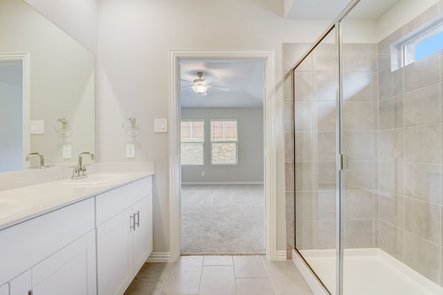 506 Stagg St, Mckinney, TX 75069 - bathroom featuring a ceiling fan, healthy amount of natural light, a shower stall, and double vanity