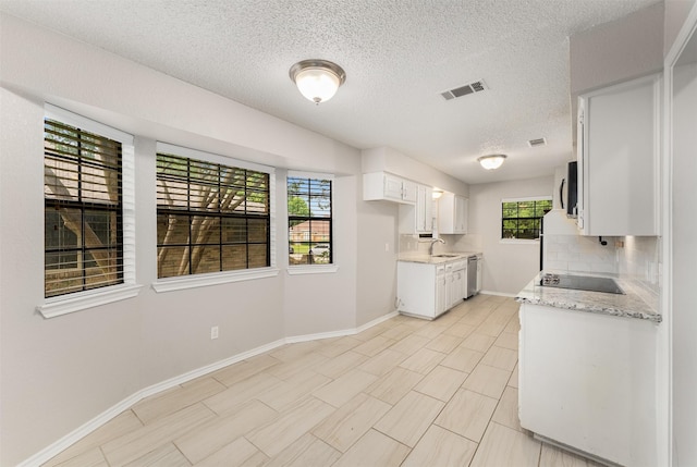 kitchen with dishwasher, tasteful backsplash, baseboards, a textured ceiling, and white cabinetry