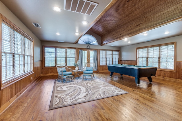 playroom with wainscoting, wooden walls, wood finished floors, plenty of natural light, and billiards table
