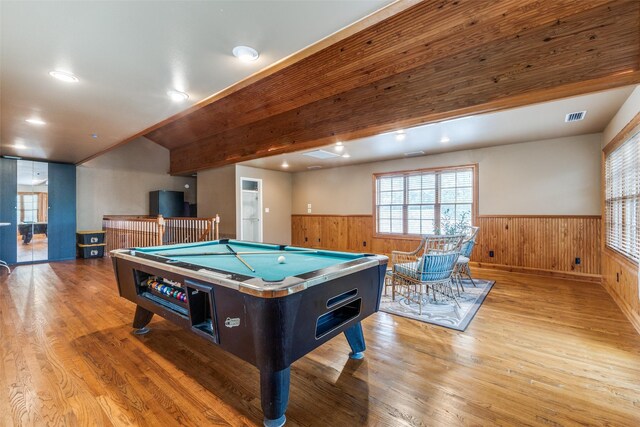 game room with a wainscoted wall, billiards, wood finished floors, wooden walls, and recessed lighting