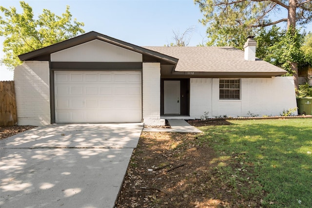 1112 Terrace Trl, Carrollton, TX 75006 - ranch-style house featuring brick siding, concrete driveway, a shingled roof, a garage, and a chimney