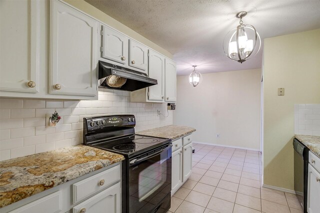 3209 Woodlark Dr, Fort Worth, TX 76123 - kitchen featuring black appliances, under cabinet range hood, decorative backsplash, and a chandelier
