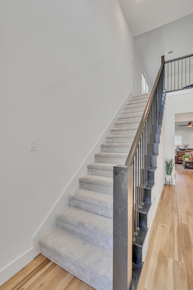 601 Wilderness Point Ln, Anna, TX 75409 - stairs with wood finished floors, plenty of natural light, a high ceiling, baseboards, and ceiling fan