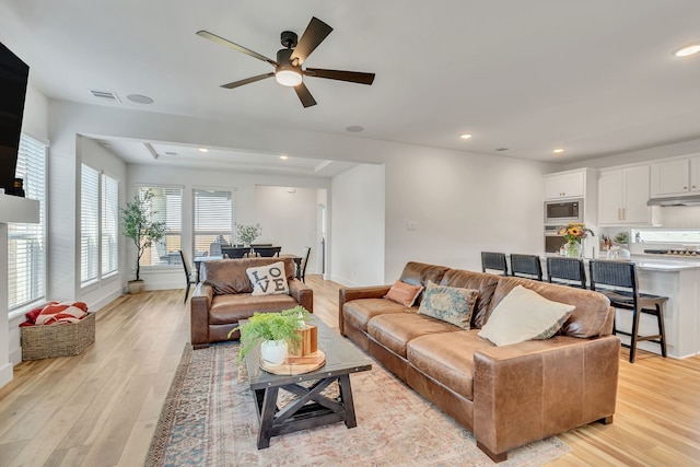 601 Wilderness Point Ln, Anna, TX 75409 - living room featuring light wood finished floors, ceiling fan, baseboards, and recessed lighting