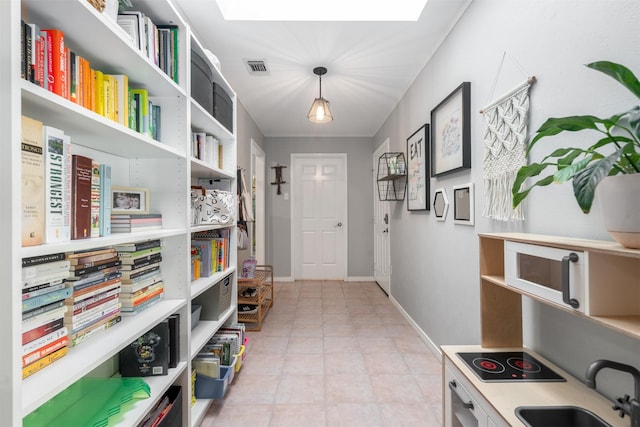 hall featuring a sink, baseboards, and a skylight