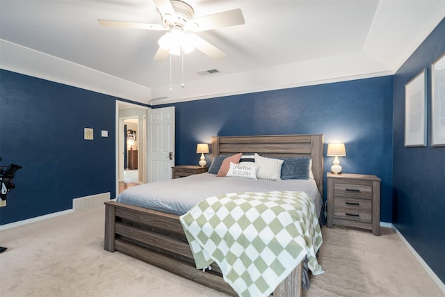 bedroom with carpet flooring, baseboards, and a ceiling fan