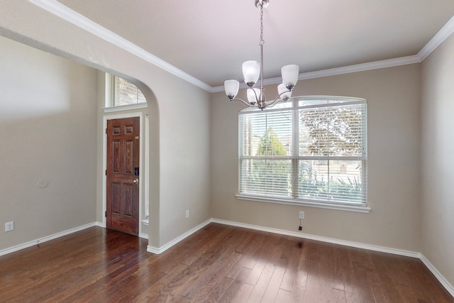 13013 Palancar Dr, Fort Worth, TX 76244 - unfurnished dining area with plenty of natural light, a chandelier, hardwood / wood-style flooring, baseboards, and ornamental molding