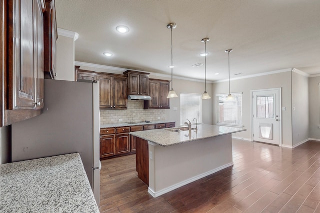 13013 Palancar Dr, Fort Worth, TX 76244 - kitchen with a sink, freestanding refrigerator, black electric cooktop, under cabinet range hood, and decorative backsplash