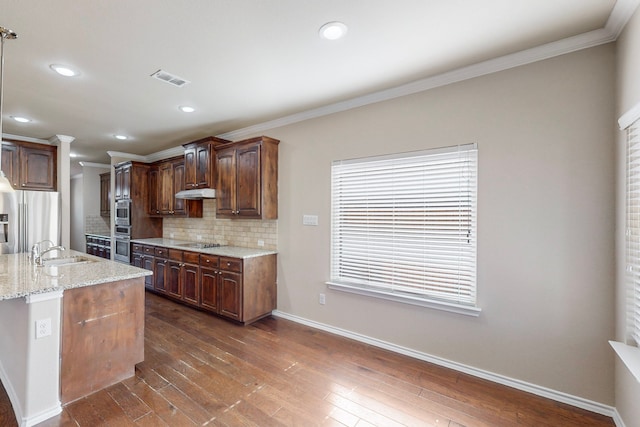 13013 Palancar Dr, Fort Worth, TX 76244 - kitchen featuring stainless steel appliances, a sink, tasteful backsplash, ornamental molding, and dark wood-style flooring