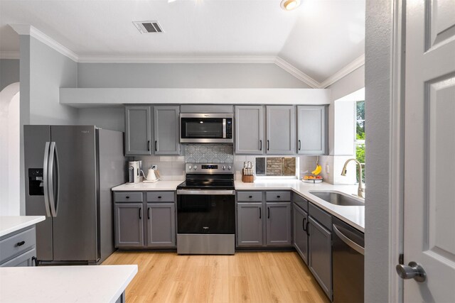 2038 Frontier Trl, Lewisville, TX 75067 - kitchen with appliances with stainless steel finishes, a sink, gray cabinets, vaulted ceiling, and crown molding