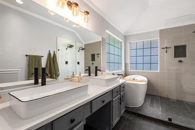 2038 Frontier Trl, Lewisville, TX 75067 - full bath featuring a stall shower, double vanity, ornamental molding, a freestanding bath, and tile patterned flooring