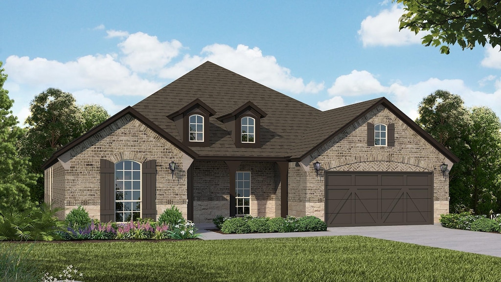 view of front of house with brick siding, concrete driveway, a front lawn, roof with shingles, and an attached garage