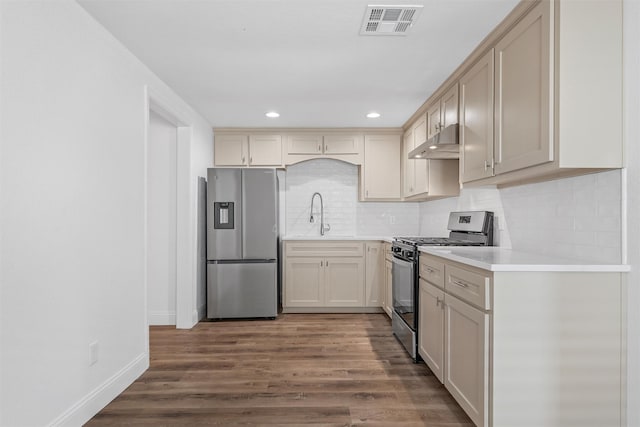 1720 Bagby Ave, Waco, TX 76706 - kitchen featuring stainless steel appliances, under cabinet range hood, a sink, light countertops, and wood finished floors