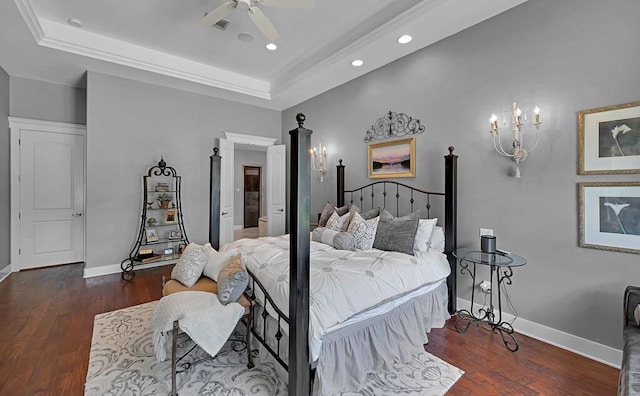 8416 Spicewood Springs Rd, Waco, TX 76633 - bedroom with a tray ceiling, recessed lighting, wood finished floors, baseboards, and ceiling fan
