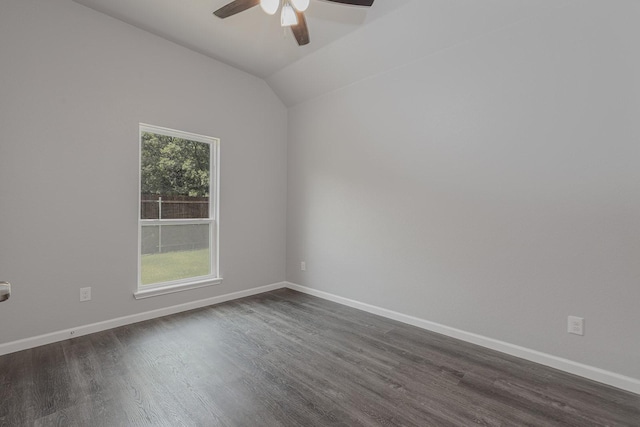 1435 Vine St, Weatherford, TX 76086 - empty room with a ceiling fan, dark wood-style floors, and vaulted ceiling