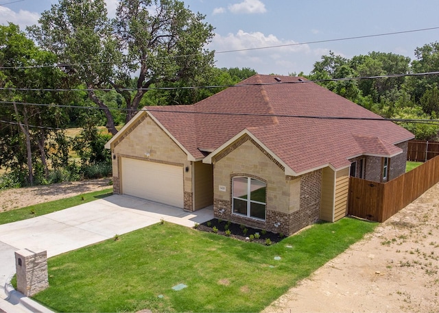 1435 Vine St, Weatherford, TX 76086 - view of front of property with an attached garage, concrete driveway, stone siding, and a shingled roof