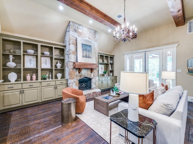 3917 W 6th St, Fort Worth, TX 76107 - living room with a fireplace, a chandelier, and dark wood-style floors