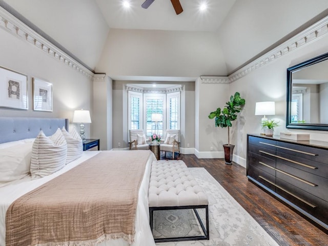 3917 W 6th St, Fort Worth, TX 76107 - bedroom with baseboards, dark wood-style floors, high vaulted ceiling, a ceiling fan, and recessed lighting