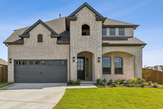 french country style house featuring roof with shingles, concrete driveway, a garage, and brick siding