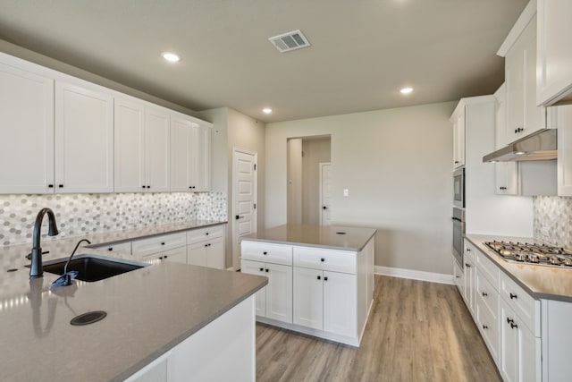 kitchen featuring stainless steel appliances, a sink, under cabinet range hood, tasteful backsplash, and a kitchen island