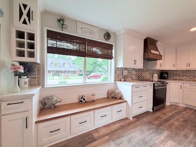 108 Martha Dr, Winnsboro, TX 75494 - kitchen with custom range hood, electric stove, plenty of natural light, and light wood-style floors