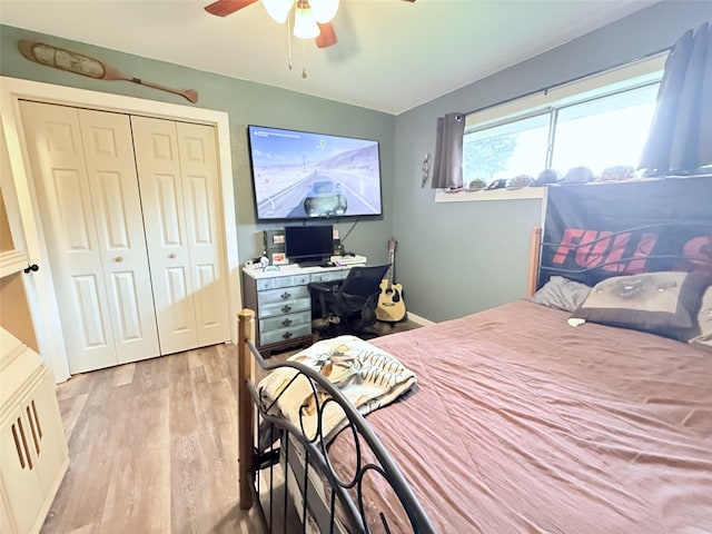 108 Martha Dr, Winnsboro, TX 75494 - bedroom with light wood finished floors, a closet, and a ceiling fan