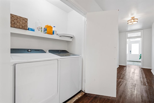 3801 Homan Ave, Waco, TX 76707 - washroom featuring washing machine and dryer, dark wood-style floors, and baseboards