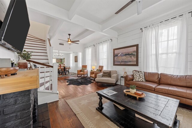 3801 Homan Ave, Waco, TX 76707 - living area featuring ceiling fan, hardwood / wood-style floors, stairs, beam ceiling, and healthy amount of natural light