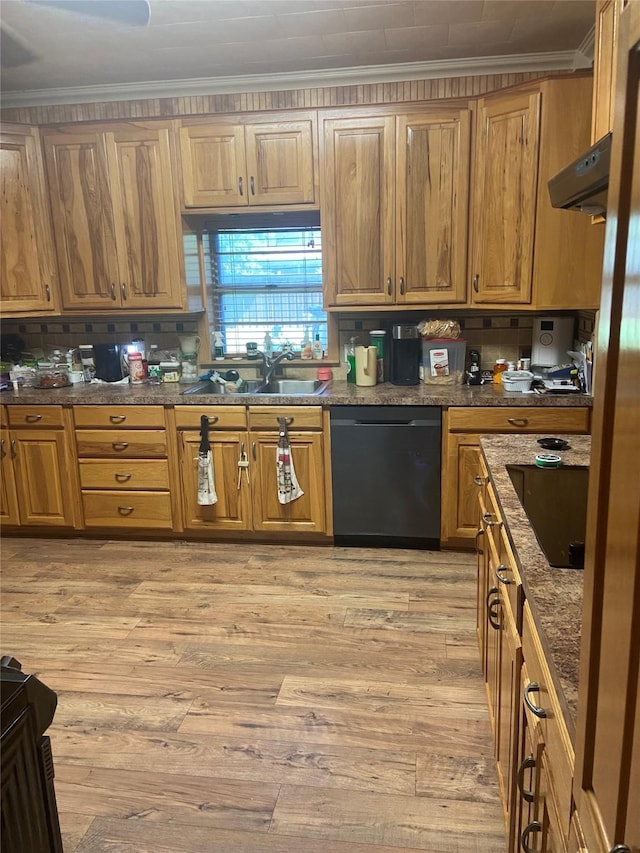 1106 Payne, Olney, TX 76374 - kitchen featuring dishwasher, a sink, crown molding, black electric cooktop, and backsplash