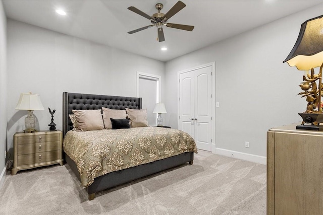 10031 Tumbling Trl, Waco, TX 76657 - bedroom with light colored carpet, baseboards, recessed lighting, ceiling fan, and a closet