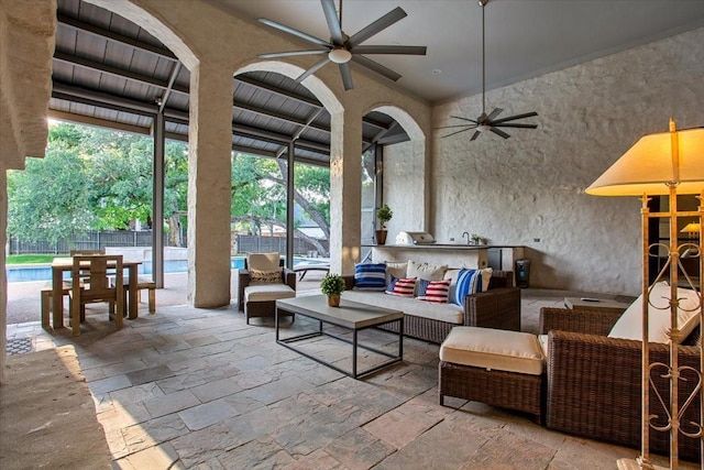 10031 Tumbling Trl, Waco, TX 76657 - view of patio featuring a ceiling fan, an outdoor pool, fence, and an outdoor living space