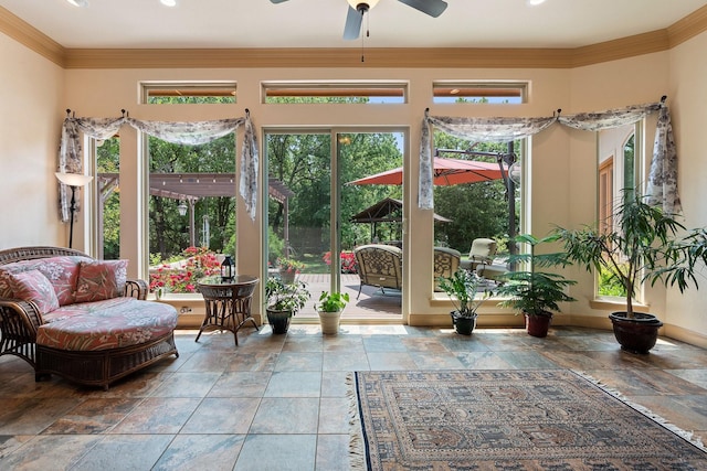 2051 E Oak Shores Dr, Cross Roads, TX 76227 - sunroom / solarium with stone tile flooring, crown molding, and baseboards